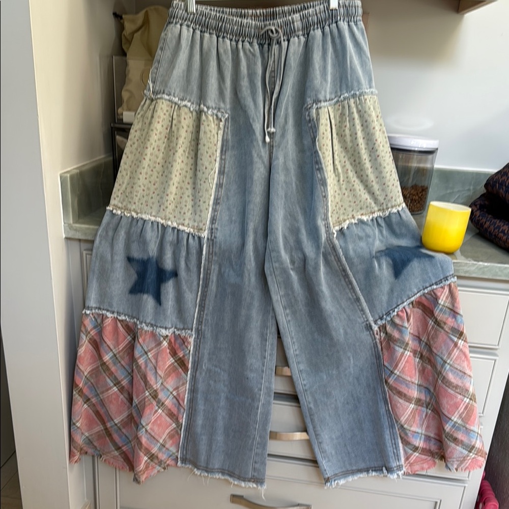 Blue and Pink Flare Patchwork Jeans